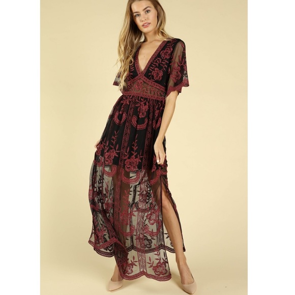 *Sale*Sheer Embroidered Lace Maxi Dress - Picture 3 of 6